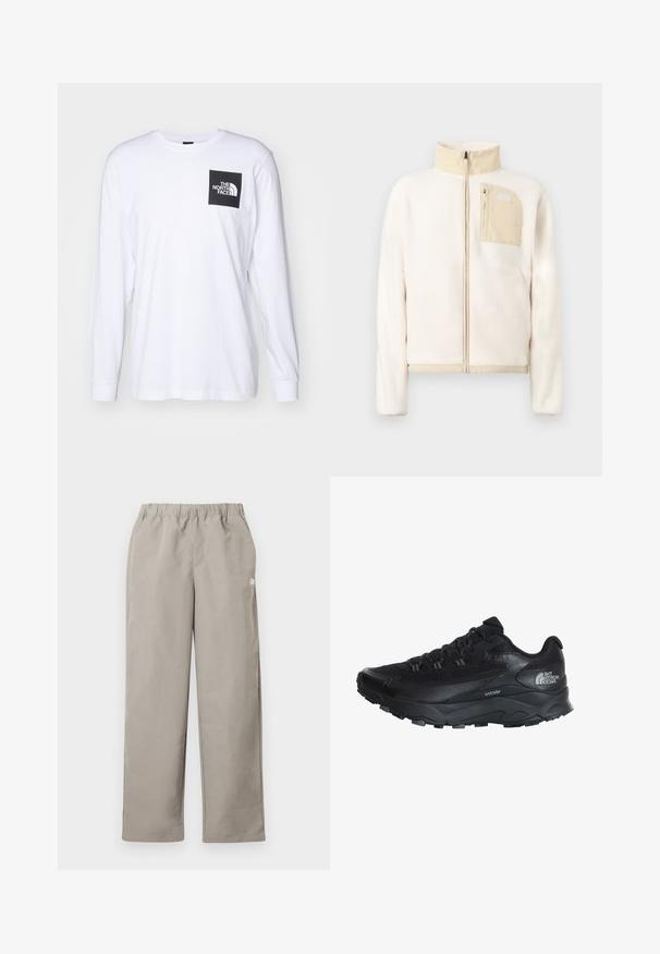 Chaqueta de forro polar color crema con detalles beige, cremallera completa en la parte delantera y bolsillo en el pecho con cremallera y un logotipo sobre fondo liso.; Camiseta de manga larga blanca con un logo cuadrado negro que dice "The North Face" en la parte superior izquierda del pecho.; Pantalones beige de corte recto con cinturilla elástica y un pequeño logo blanco en la costura lateral derecha.; Zapatilla deportiva negra con parte superior de malla transpirable, suela de goma, acentos texturizados y punta reforzada para mayor durabilidad.
