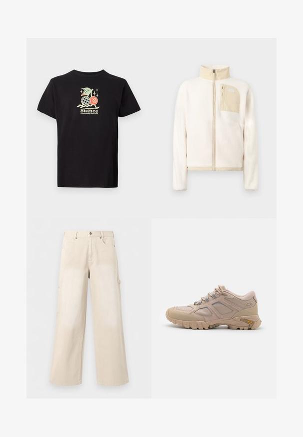 Cremefarbene Fleecjacke mit beigen Akzenten, durchgehendem Frontreißverschluss und einer mit Reißverschluss verschlossenen Brusttasche mit Logo auf einfarbigem Hintergrund.; Schwarzes Baumwoll-T-Shirt mit einem bunten Grafikdruck, der eine Ananas und Kirschen zeigt. Der Text lautet "Stance Community Run Club." Mit kurzen Ärmeln.; Beige weite Hosen mit Vordertaschen, Knopfverschluss und Gürtelschlaufen, vor einfachem weißem Hintergrund gezeigt.; Beige Sport Schuh mit einem strukturierten Mesh-Obermaterial, synthetischen Überzügen und einer Vibram-Sohle. Verfügt über ein Schnürsystem und seitliche Paneeldetails.