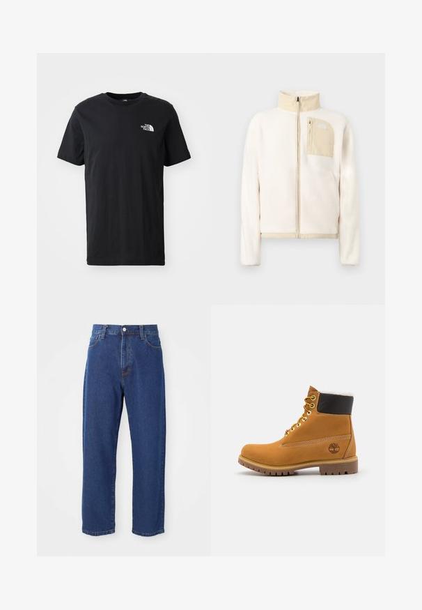 Roomkleurig fleecejack met beige accenten, volledige ritssluiting aan de voorkant en een borstzak met rits voorzien van een logo op een effen achtergrond.; Zwart katoenen T-shirt met korte mouwen, ronde hals, met een klein wit logo op de linkerkant van de borst. Zachte textuur, casual pasvorm.; Hoge taille blauwe jeans van denim, met een rechte pijp silhouet, zichtbare stiksels en een sluiting met een voorknoop.; Bruine leren enkellaars met metalen oogjes, witte faux bont voering, zwarte gewatteerde kraag, robuuste zool en een reliëflogo aan de zijkant.