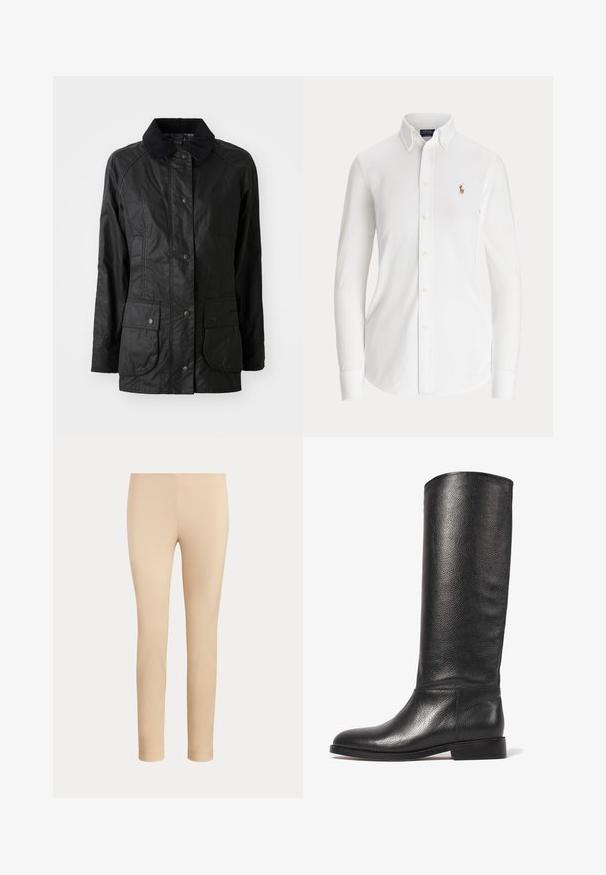 Veste noire légère avec un col en velours côtelé, fermeture à boutons-pression, deux poches avant et une texture lisse. Présente des détails de couture subtils.; Chemise blanche à manches longues avec boutons, col boutonné et petit logo brodé joueur de polo sur la poitrine.; Pantalon beige slim fit longueur cheville avec une finition lisse, sans poches visibles ni ornements, sur un fond uni.; Botte en cuir noir à hauteur de genou avec une finition texturée, bout rond, tige lisse et un petit talon empilé. Design minimaliste, sans quincaillerie visible.