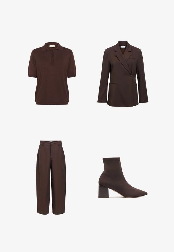 Blazer marron foncé à bouton unique avec revers crantés, manches longues et deux poches passepoilées à l'avant, étiquette « OBJECT » à l'intérieur du col.; Polo shirt marron à manches courtes, avec un col classique, une patte de boutonnage à trois boutons et un tissu en tricot texturé. Coupe décontractée et relax.; Pantalon droit marron foncé avec passants pour ceinture, fermeture éclair à l'avant et coupe classique ajustée.; Bottines marron en matériau lisse avec un bout pointu et un talon carré. Présentent un tige élastique pour un ajustement parfait.