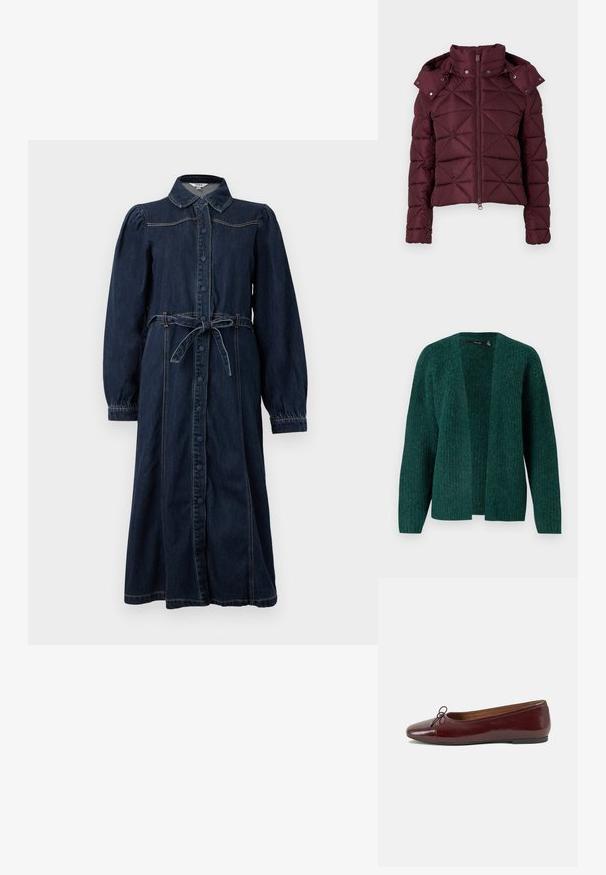 Bordeaux gewatteerde pufferjack met een hoge kraag, rits aan de voorkant en drukknoopaccenten op de schouders, met diagonale stiksels over het geheel.; Vero Moda VMNOVAH - Vest - pine grove; Donkerblauwe denim jurk met een kraag, knopen aan de voorkant, lange gezwollen mouwen en een gestrikte tailleband. Bevat stikseldetails.; Bordeaux gepatenteerd lederen ballerina met een ronde neus, een klein strikaccent aan de voorkant en een lage, zwarte rubberen zool. Glad textuur.