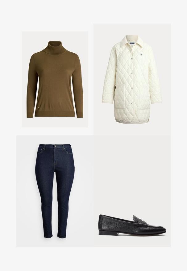 Kreemjas tikanditega pikk jakk trukkidega, kahe ees taskuga, krae ja tumeda tikandiga logoga vasakul rinnal.; Lauren Ralph Lauren Woman SILK BLEND TURTLENECK SWEATER - Džemper - honey tan; Tumed sinised teksad slim fit, kõrge vöökoht, viis taskut, silmuste detailid ning lukuga ja nupuga sulgur.; Must värvi nahast loafer tekstureeritud viimistlusega, dekoratiivse rihmaga ja madala kanna ning sileda, minimalistliku disainiga ümmarguse ninaga.