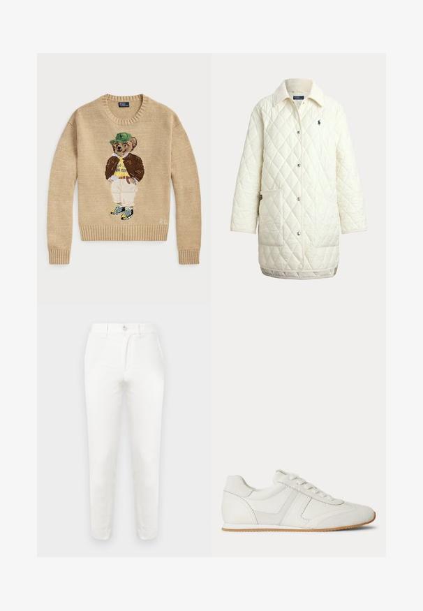 Cremefarbene, lange gesteppte Jacke mit Druckknöpfen, zwei Vordertaschen, Kragen und einem dunkel gestickten Logo auf der linken Brust.; Beige Strickpullover mit einem gestickten Bärencharakter, der einen grünen Hut, ein gelbes Hemd, eine braune Jacke und helle Hosen mit Turnschuhen trägt.; Weiße Baumwollhosen mit schmaler Passform, ausgestattet mit einem einfachen Knopfverschluss, flacher Vorderseite und zulaufenden Beinen. Der Stoff wirkt glatt mit minimaler Textur.; Weißer Sneaker mit niedrigem Schaft, Schnürung vorne, Velours- und Lederpaneelen sowie einer hellbraunen Gummisohle auf weißem Hintergrund.