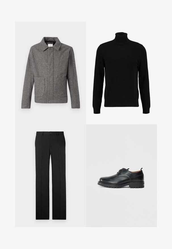 Veste en chevron grise avec un col pointu, des poches avant et une coupe ajustée ; un tissu texturé et une fermeture à boutons.; Un pull à col roulé noir en matière tricotée douce. Il possède des manches longues, un col et un ourlet côtelés. Son design est simple et épuré, sans motifs.; Pantalons noirs ajustés avec une coupe droite, en tissu lisse, avec des plis avant et une fermeture à bouton unique à la taille.; Chaussures derby en cuir noir avec une texture lisse, bout rond, design à lacets et une semelle en caoutchouc épaisse et robuste.