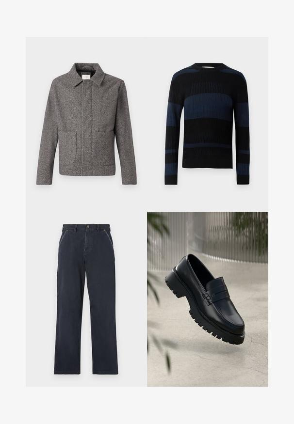 Chaqueta de espiga gris con cuello puntiagudo, bolsillos frontales y un ajuste entallado; presenta una tela texturizada y un cierre de botón.; Suéter de punto acanalado con franjas horizontales negras y azul oscuro, de manga larga y cuello redondo.; Pantalones de algodón azul marino con un diseño de pierna recta. Cuenta con bolsillos delanteros, cierre de botón y detalles de costura visibles.; Mocasines de cuero negro con suela gruesa, que presentan una correa decorativa y detalles de costura. Textura suave con un acabado pulido.