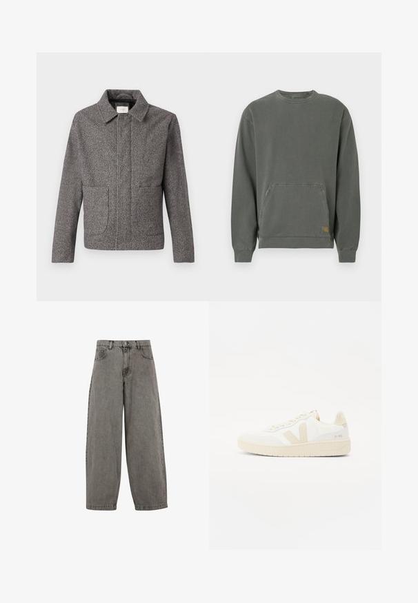 Veste en chevron grise avec un col pointu, des poches avant et une coupe ajustée ; un tissu texturé et une fermeture à boutons.; Sweat-shirt gris à manches longues en coton, doté d'un col rond, d'une poche frontale, de poignets côtelés et d'un petit écusson logo à l'ourlet.; Pantalon en denim gris avec taille haute, jambes larges, design classique à cinq poches et fermeture à bouton à l'avant. Fini légèrement texturé.; Sneaker blanche avec des accents beiges, présentant un dessus texturé, un bout rond et une semelle en caoutchouc épaisse. Le design inclut le logo V iconique et le branding.
