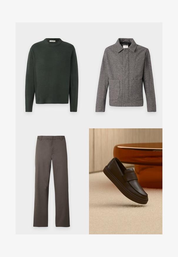 Veste en chevron grise avec un col pointu, des poches avant et une coupe ajustée ; un tissu texturé et une fermeture à boutons.; Pull en tricot vert foncé avec un col rond, des manches longues et une texture douce, présentant un design simple et sans coutures.; Pantalon en coton marron avec une coupe droite, doté de passants de ceinture et une texture lisse. Aucun motif visible ni détail de quincaillerie.; Une chaussure mocassin en cuir marron foncé flottant au-dessus d'un tapis crème avec une table ronde orange en arrière-plan.