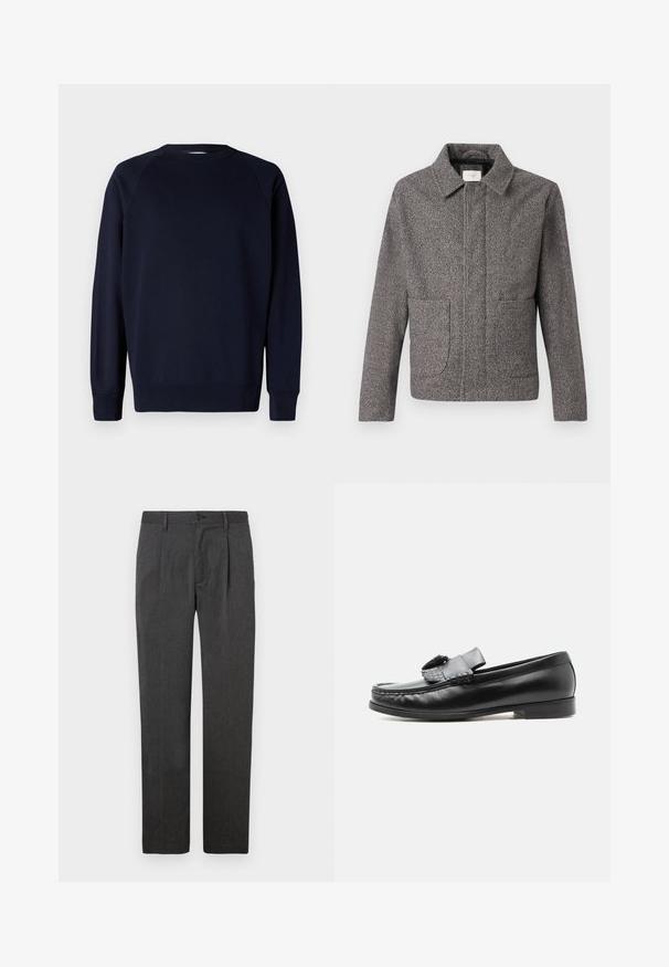 Grauer Fischgrat-Blazer mit einem spitzen Kragen, frontalen Taschen und einer taillierten Passform; verfügt über einen strukturierten Stoff und einen Knopfverschluss.; Marineblaues Sweatshirt mit langen Ärmeln, Raglanärmeln, rundem Ausschnitt, gerippten Bündchen und Saum. Glattes Baumwollmaterial, minimalistisches Design.; Graue maßgeschneiderte Hose mit geradem Bein, ausgestattet mit einer Bügelfalte, Reißverschluss und Knopfverschluss. Glatte Textur, klassisches Design.; Schwarzer Lederloafer mit Quasten-Detail, niedrigem Absatz und abgerundeter Spitze, von der Seite auf hellem einfarbigem Hintergrund gezeigt.