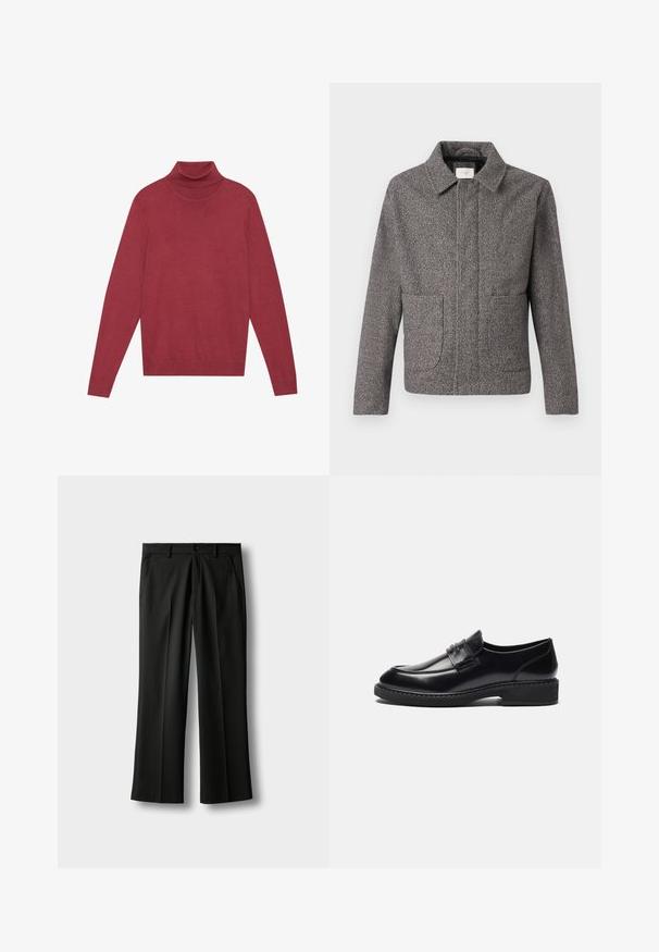Veste en chevron grise avec un col pointu, des poches avant et une coupe ajustée ; un tissu texturé et une fermeture à boutons.; Pull à col roulé rouge en maille douce. Dispose de longues manches et d'une coupe ajustée. Texture lisse sans motifs ni accessoires visibles.; Pantalon de costume noir avec passants pour ceinture, fermeture avant par bouton et zip, poches latérales, et plis le long des jambes sur un fond clair.; Zign LEATHER - Mocassins de ville - black