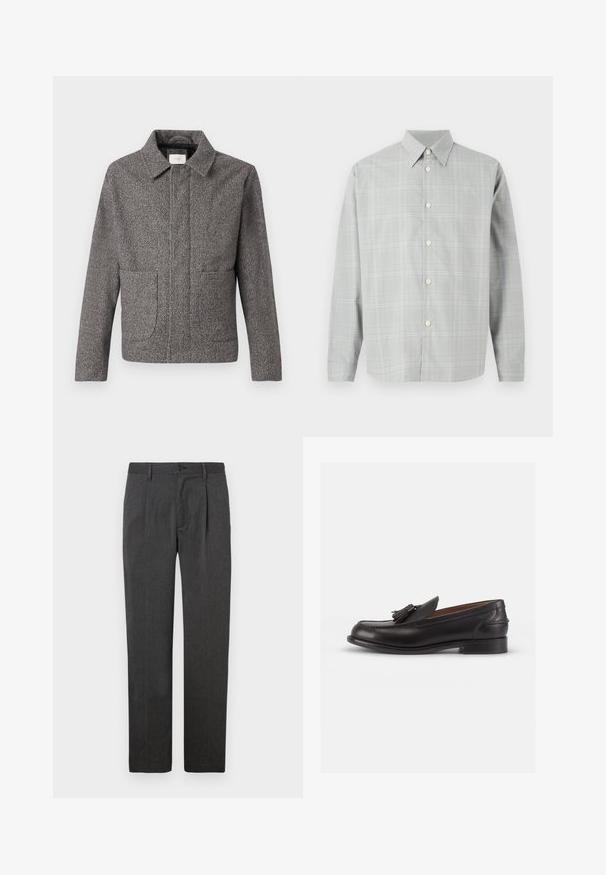 Veste en chevron grise avec un col pointu, des poches avant et une coupe ajustée ; un tissu texturé et une fermeture à boutons.; Chemise grise à manches longues avec un léger motif à carreaux, fermeture à boutons sur le devant, col pointu et texture de tissu lisse.; Pantalons gris sur mesure avec une coupe droite, dotés d'un pli avant, d'une fermeture éclair et d'un bouton. Texture lisse, design classique.; Mocassins en cuir noir avec un bout arrondi, ornés d'un gland décoratif à l'avant et d'un petit talon. Texture lisse avec des détails de couture subtils.