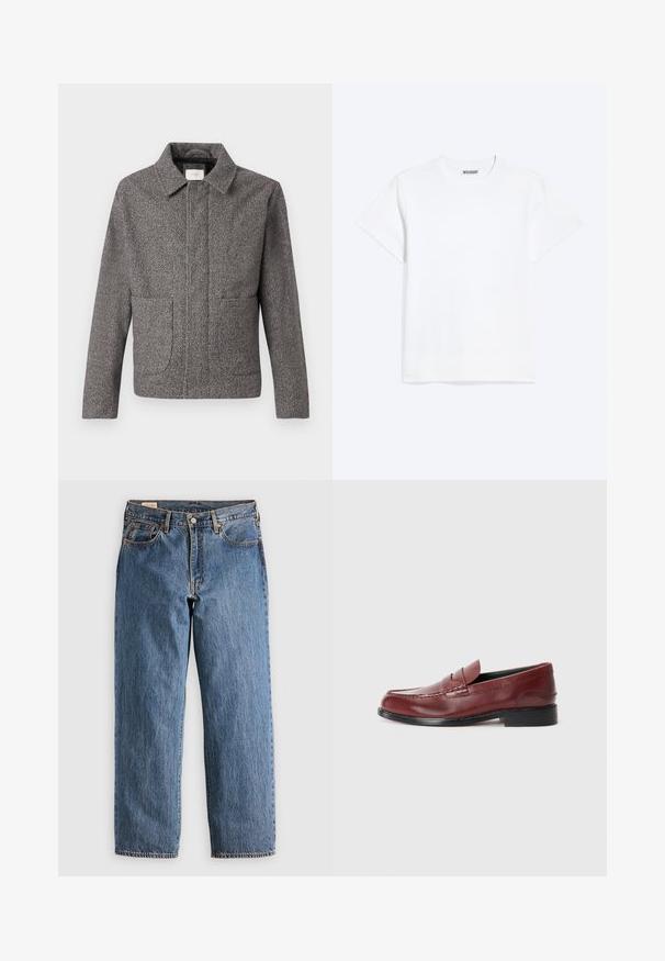 Grå hørnylansjakke med spidse krave, forlommer og tætsiddende pasform; har struktureret stof og knaplukning.; Enkelt hvid t-shirt med korte ærmer og rund halsudskæring med et "WEEKDAY" mærke på indersiden af nakken, vist på en lys baggrund.; Blå denimjeans med lige snit, der har høj talje, kobbernitter og orange syninger. Foran og bagpå er der lommer.; Burgunderfarvet læder loafer med en glat finish, dekorativ søm og en rund tå. Har en lav sort hæl.