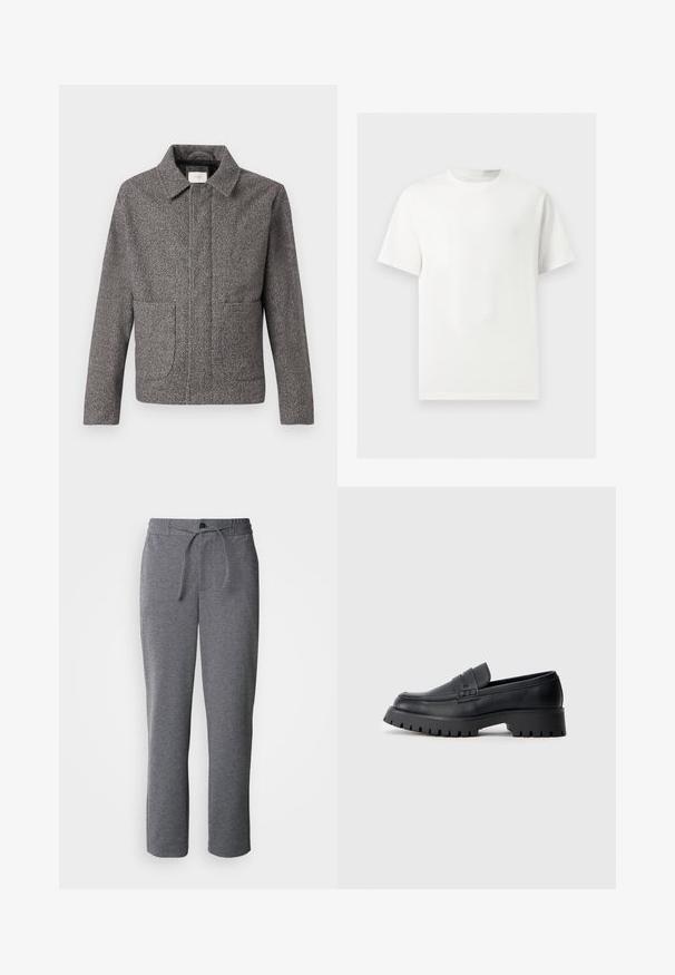 Veste en chevron grise avec un col pointu, des poches avant et une coupe ajustée ; un tissu texturé et une fermeture à boutons.; T-shirt blanc uni à manches courtes et col rond présenté sur un fond gris clair.; Pantalons de survêtement gris en tissu doux, dotés d'une taille élastique avec cordon de serrage, de jambes droites et d'un design simple et épuré.; Mocassins en cuir noir avec un bout arrondi, présentant une sangle décorative et une semelle en caoutchouc épaisse avec de profonds crampons pour une meilleure adhérence.