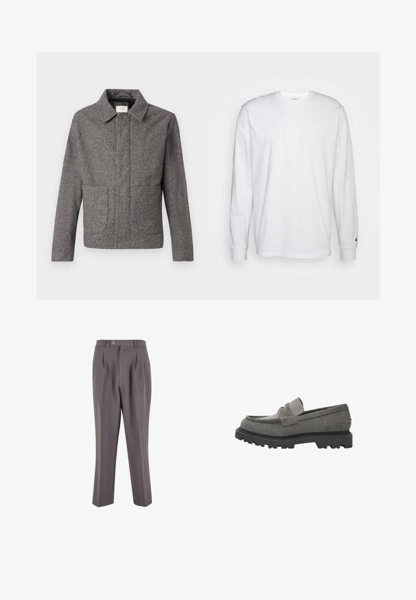 Veste en chevron grise avec un col pointu, des poches avant et une coupe ajustée ; un tissu texturé et une fermeture à boutons.; T-shirt blanc à manches longues en coton. Design à col rond avec des poignets côtelés et un petit logo sur la manche gauche. Texture lisse.; Pantalons plissés gris en tissu lisse, avec une coupe droite, une fermeture à bouton unique et des poches latérales en biais.; Mocassin en daim gris avec semelle épaisse à crampons noire et détail de bride à languette, vue de côté sur fond blanc.