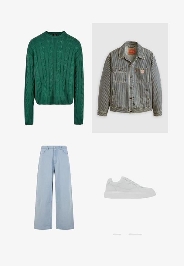 Stribet denimjakke med lukning foran med knapper, to brystlommer og et Levi's mærke. Har en klassisk krave og opsmøgede ærmer.; Grøn kabelstrikket sweater med rund hals og lange ærmer. Har et cropped design og struktureret mønster hele vejen igennem.; Lysblå vidbenede jeans lavet af denim, med høj talje, knaplukning og frontlommer. Designet inkluderer diskrete syninger.; Hvid lavtop-sneaker med snørelukning, glat læderoverdel og tyk gummisål, vist fra ydersiden.