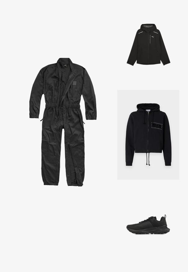 Puma RAINCELL - Regnjakke / vandafvisende jakker - black; Brandit BRANDIT HERREN EINSATZKOMBI - Buksedragter - black; Sort cropped hoodie med lynlås, udstyret med en hætte med snore og frontlommer. Pyntet med "BLUE" i perler og blød tekstur på brystet.; Sort lavtop atletiksko med mesh og syntetisk overdel, snørelukning, polstret krave og robust gummisål for godt greb.