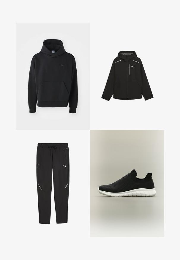 Puma RAINCELL - Veekindel jope - black; Musta kapuutsiga sviiter, mis on valmistatud pehmest kangast, esifööniga ja rinna peal halli värvi diskreetse Puma logoga. Igapäevane disain koos soonikute mansettidega.; Mustad Puma sportpüksid elastse vöökohaga, nööriga, tõmblukuga küljetaskutega ja valge Puma logoga paremal jalal.; Mustad libisemiskindlad vabaajajalatsid hingava kudumülemise ja valge polsterdatud tallaga, mis on loodud kerguse ja mugavuse tagamiseks ning lihtsaks kandmiseks.