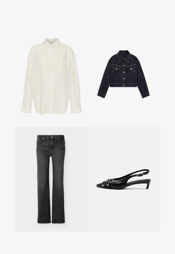 Chaqueta corta de mezclilla oscura con cuello puntiagudo, herrajes plateados, dos bolsillos en el pecho y costuras blancas en contraste.; Camisa blanca de botones con estrechas rayas verticales negras, cuello, mangas largas, bolsillo en el pecho y corte recto con detalles en los puños.; Vaqueros negros de corte bootcut con bolsillos delanteros, trabillas para cinturón y sutiles detalles desgastados en la tela.; Zapato slingback de cuero negro con punta puntiaguda, tres hebillas plateadas en la parte delantera y tacón bajo tipo «kitten» sobre fondo blanco.