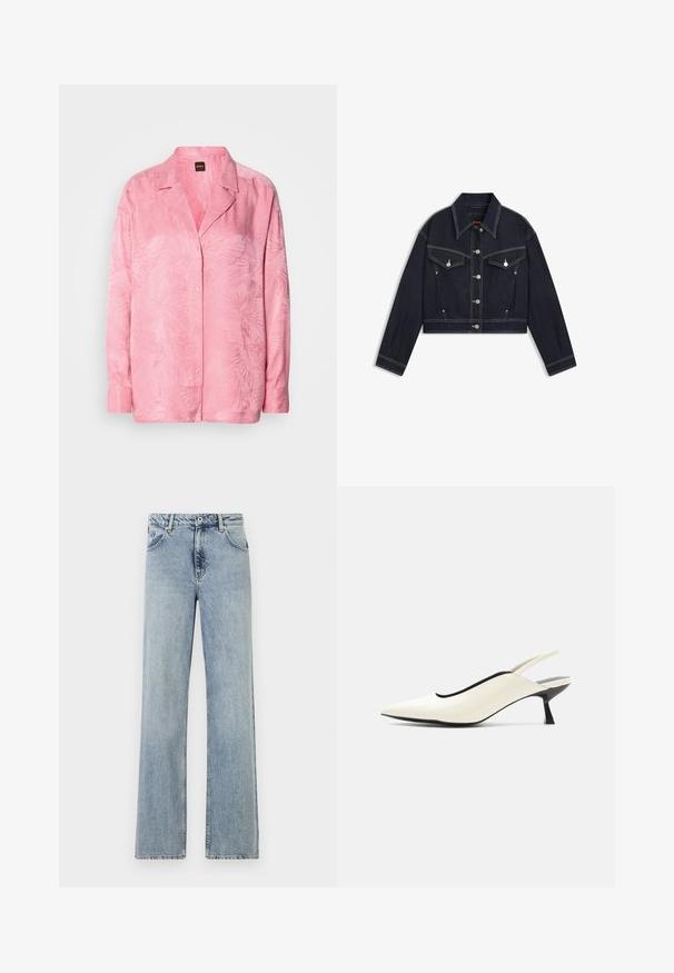 Donker denim cropped jasje met een puntkraag, zilverkleurige hardware, twee borstzakken en contrasterende witte stiksels.; Lichtroze blouse met knopen, voorzien van een subtiele palmbladpatroon. Gemaakt van een gladde stof met een relaxte pasvorm en een klassiek kraagontwerp.; Lichtblauwe, wijde jeans gemaakt van denim. Voorzien van een knoop- en ritssluiting, voorzakken en subtiele vervaging. Schone zoom.; Crèmekleurige slingback schoen met puntige neus, lage zwarte kittenhak en een gladde leren afwerking op een witte achtergrond.