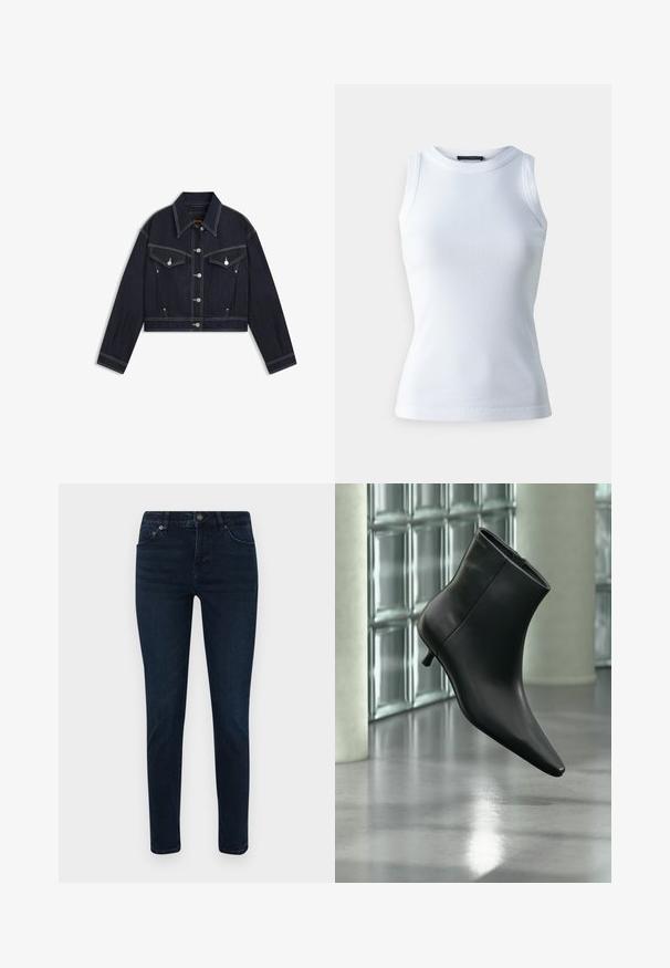 Dunkelblaue Denim-Cropped-Jacke mit spitzem Kragen, silberner Hardware, zwei Brusttaschen und kontrastierenden weißen Nähten.; Weißes ärmelloses Oberteil aus geripptem Stoff, mit rundem Halsausschnitt und figurbetonter Silhouette. Glatte Textur, keine sichtbaren Muster oder Akzente.; Dunkelblaue Jeans mit schmaler Passform, ausgestattet mit einem Fünf-Taschen-Design, Knopfverschluss und dezenten Nähdetails. Glatte Textur über die gesamte Fläche.; Schwarzer Leder-Stiefelette mit spitzer Zehenpartie und niedrigem Kitten-Heel, schräg dargestellt vor einem polierten Boden und einer Glasbausteinwand.