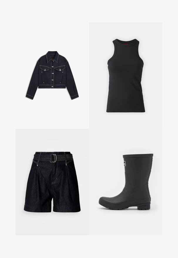 Veste en denim foncé coupée courte avec col pointu, quincaillerie argentée, deux poches poitrine et surpiqûres blanches contrastantes.; Débardeur sans manches noir en tissu extensible. Présente un col rond et une silhouette ajustée avec des détails de couture minimaux.; Shorts en denim noir avec une large ceinture et une boucle argentée. Caractéristiques : plis à l'avant, surpiqûres contrastantes, et coupe décontractée.; Botte de pluie en caoutchouc noire avec une finition lisse, un orteil rond et une semelle texturée. Présente un logo sur le côté et un talon droit et haut.