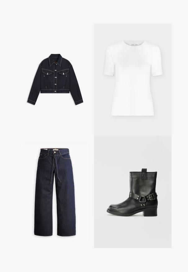 Donker denim cropped jasje met een puntkraag, zilverkleurige hardware, twee borstzakken en contrasterende witte stiksels.; Wit T-shirt met korte mouwen en een ronde hals, een slanke pasvorm en geribbelde stof, weergegeven op een effen lichtgrijze achtergrond.; Wijd pijpjes donkerblauwe denim jeans met een hoge taille, voorzien van een trekkoord, vijf zakken en contrasterende stiksels.; Samsøe Samsøe SABRENTA - Cowboy-/Bikerlaarsjes - black