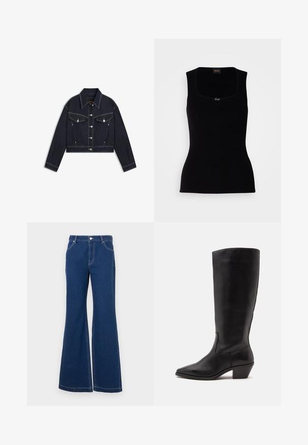 Chaqueta corta de mezclilla oscura con cuello puntiagudo, herrajes plateados, dos bolsillos en el pecho y costuras blancas en contraste.; Top de tirantes negro acanalado con escote cuadrado, que presenta un pequeño logotipo en el centro. Confeccionado en un material suave y texturizado.; Jeans acampanados de un azul oscuro, fabricados en denim. Incluyen bucles para cinturón, bolsillos frontales y costuras en contraste. Apertura de pierna amplia.; Bota de cuero negra hasta la mitad de la pantorrilla con puntera puntiaguda y tacón bajo inclinado sobre un fondo claro y liso.