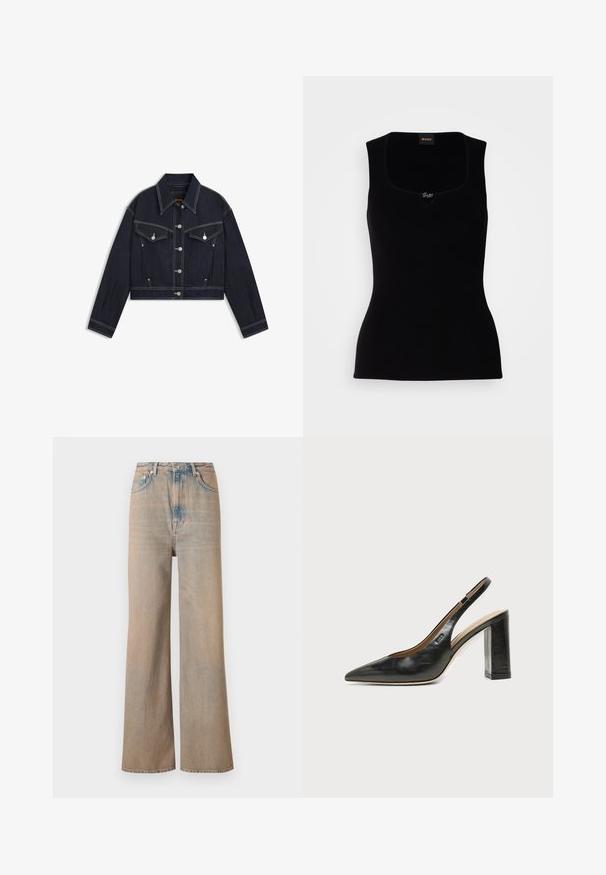 Mørk denim cropped jakke med spids krave, sølvfarvet hardware, to brystlommer og kontrastfuld hvid syning.; Sort ribbet tanktop med firkantet udskæring, der har en lille logoaccent i midten. Lavet af et blødt, tekstureret materiale.; Lyse vaskede, vide ben jeans med høj talje, lavet af denim. Har diskret syninger og fem lommer, med en let falmet tekstur.; Sort læder peep-toe slingback sko med høj blokhæl og beige indvendig foring mod en ensfarvet lys baggrund.