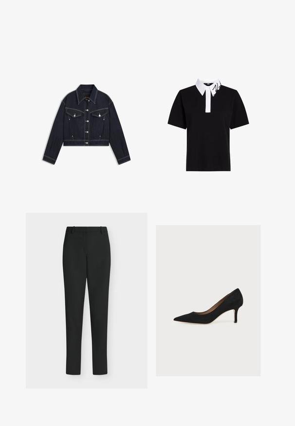 Donker denim cropped jasje met een puntkraag, zilverkleurige hardware, twee borstzakken en contrasterende witte stiksels.; Zwarte polo met korte mouwen, witte kraag met geborduurde zwarte logo, en een rechte snit. Katoenen materiaal.; Zwarte slim fit broek met riemlussen, voorrits en rechte pijpen, getoond tegen een witte achtergrond.; Zwarte suède pump met puntige neus, middenhoge naaldhak en tan binnenzool op een lichte achtergrond.