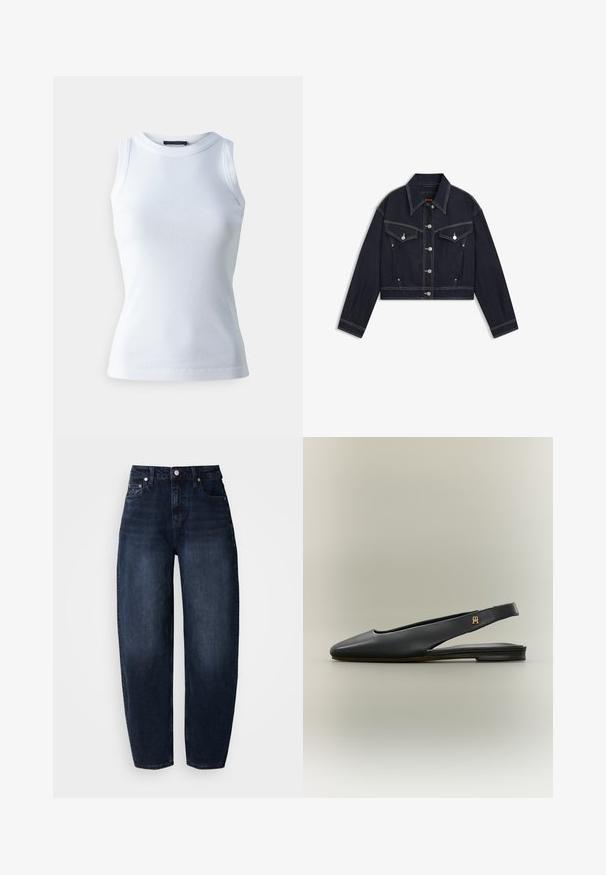 Veste en denim foncé coupée courte avec col pointu, quincaillerie argentée, deux poches poitrine et surpiqûres blanches contrastantes.; T-shirt sans manches blanc en tissu côtelé, avec un col rond et une silhouette ajustée. Texture lisse, sans motifs ni accents visibles.; Jean en denim bleu foncé à coupe décontractée, présentant une taille haute, une coupe droite et un style classique à cinq poches.; Chaussure plate noire en cuir à bride arrière avec bout pointu et accent logo doré sur la bride, présentée sur un fond neutre.
