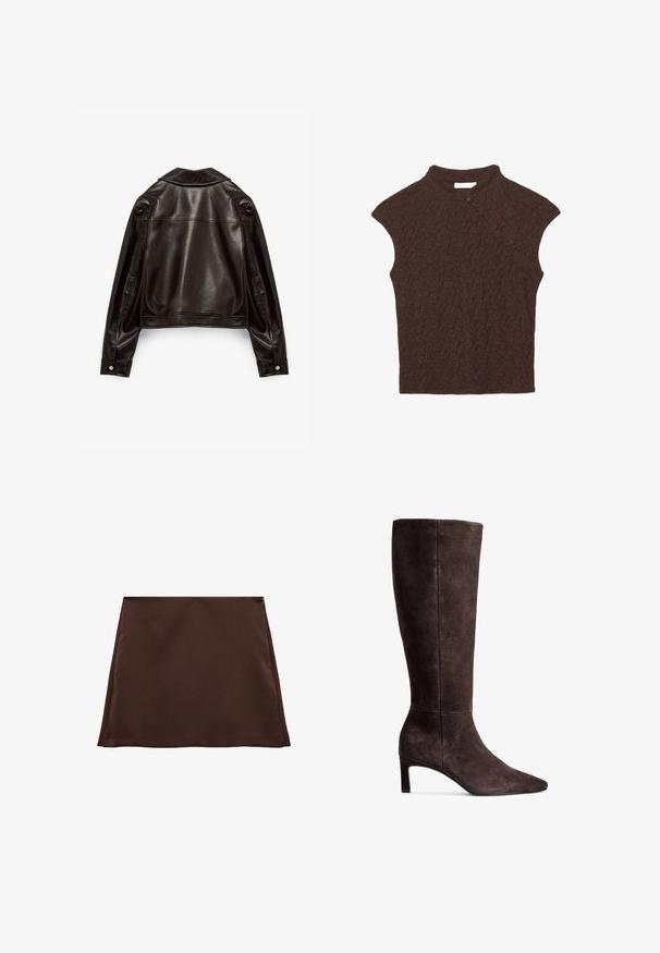 Schwarze Leder-Shortjacke mit glatter Textur, breiten Revers, langen Ärmeln und Druckknopfakzenten an jedem Manschetten.; Ärmelloses, dunkelbraunes Oberteil mit Textur, hohem Kragen und asymmetrischer, rechts vorne geknöpfter Blende.; Brauner A-Linien-Rock aus weichem Material, mit glatter Textur und einem verdeckten seitlichen Reißverschluss zum Verschließen.; Braune Wildlederkniehohe Stiefel mit spitzer Zehe und 7,5 cm hohem Absatz. Glatte Textur, elegante Silhouette und minimalistisches Design.