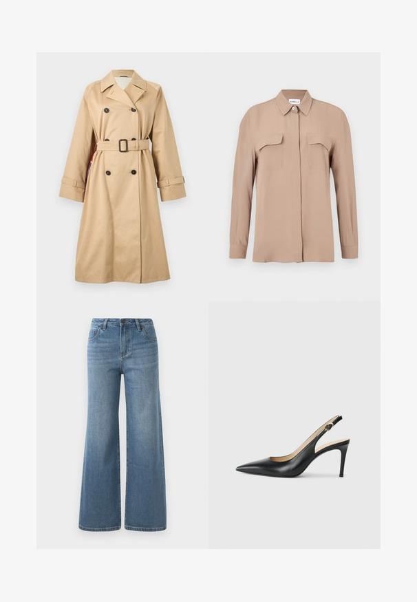 Beige dubbelgeknoopt trenchcoat met zwarte knopen, ceintuur taille, reverskraag en manchettenriemen tegen een witte achtergrond.; Beige overhemd met lange mouwen en knopen, gemaakt van een lichte stof. Heeft twee borstzakken en een klassieke kraag, met een rechte snit en een minimalistisch ontwerp.; Lichtblauwe wijde denim jeans met hoge taille, knoop- en ritssluiting en voorzakken.; Zwarte leren slingback-hakken met een spitse neus, verstelbare band en een elegante stiletto-hak, met een gladde afwerking.