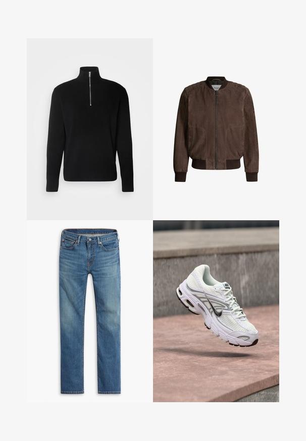 Braune Wildleder-Bomberjacke mit geripptem Kragen, Bündchen und Saum, mit Frontreißverschluss und Seitentaschen.; Lindbergh HALF ZIP RIB KNIT - Strickpullover - black; Blaue gerade geschnittene Jeans mit Knopf- und Reißverschluss vorne, Fünf-Taschen-Design und dezenten Ausbleichungen an Oberschenkeln und Knien.; Weiße und graue Nike-Laufschuhe, die in der Luft über einem rötlich-braunen Gehweg schweben, mit verschwommenen Betontreppen im Hintergrund.