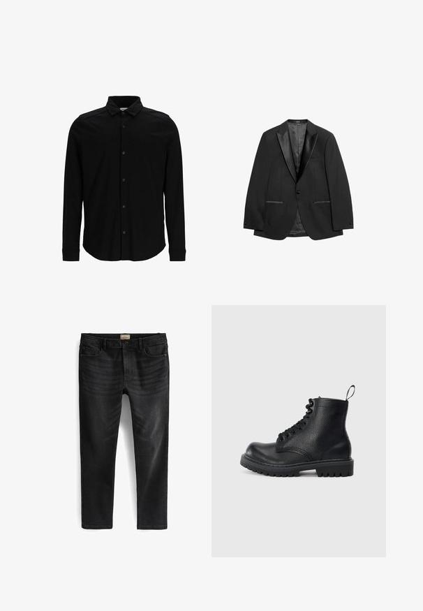 Blazer negro confeccionado en tela lisa, con solapa pico de raso, dos bolsillos frontales con ribete de raso y cierre de un botón.; Camisa negra de manga larga hecha de una tela suave, con frente abotonado, cuello y un discreto logo bordado en el pecho.; Vaqueros de mezclilla negra con corte recto, que cuentan con cinco bolsillos, un cierre de botones y detalles de desgaste sutil en la parte delantera.; Botín de combate de cuero negro texturizado con suela gruesa de tacos, parte delantera con cordones y lengüeta en el talón, mostrado de lado sobre un fondo blanco.