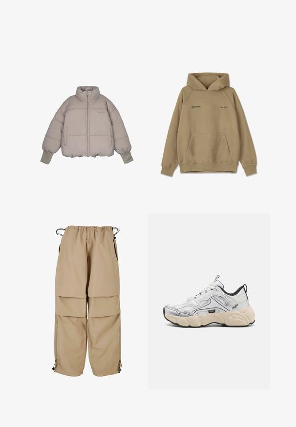 Pegador JARA OVERSIZED BOXY PUFFER JACKET - Winterjacke - beige; Beige Kapuzenpullover aus Fleece-Material, mit einer frontalen Tasche, gerippten Bündchen und gestickten Logos auf der Brust.; Beige Cargo-Hosen mit elastischem Bund, geschichteter Optik und seitlichen Taschen. Verfügt über verstellbare Bündchen mit Toggle-Verschlüssen für eine anpassbare Passform.; Weißer Sportschuh mit Mesh- und Synthetikpaneelen, silbernen Akzenten, klobiger cremiger Sohle und kontrastierenden schwarzen Details. Verfügt über ein Schnürsystem.