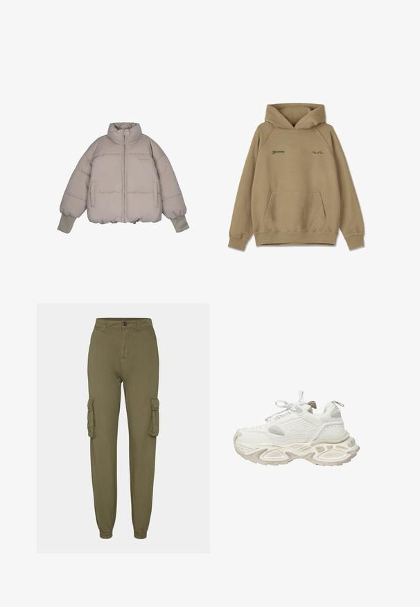 Pegador JARA OVERSIZED BOXY PUFFER JACKET - Veste d'hiver - beige; Sweat-shirt à capuche beige en matière polaire, avec une poche frontale, des poignets côtelés et des logos brodés sur la poitrine.; Pantalons cargo vert olive en tissu doux, dotés de deux poches latérales, de poignets élastiques et d'une fermeture par bouton à l'avant.; Baskets de sport blanches avec des superpositions texturées, système de laçage, semelle épaisse et tirant au talon, avec des détails de marque discrets.