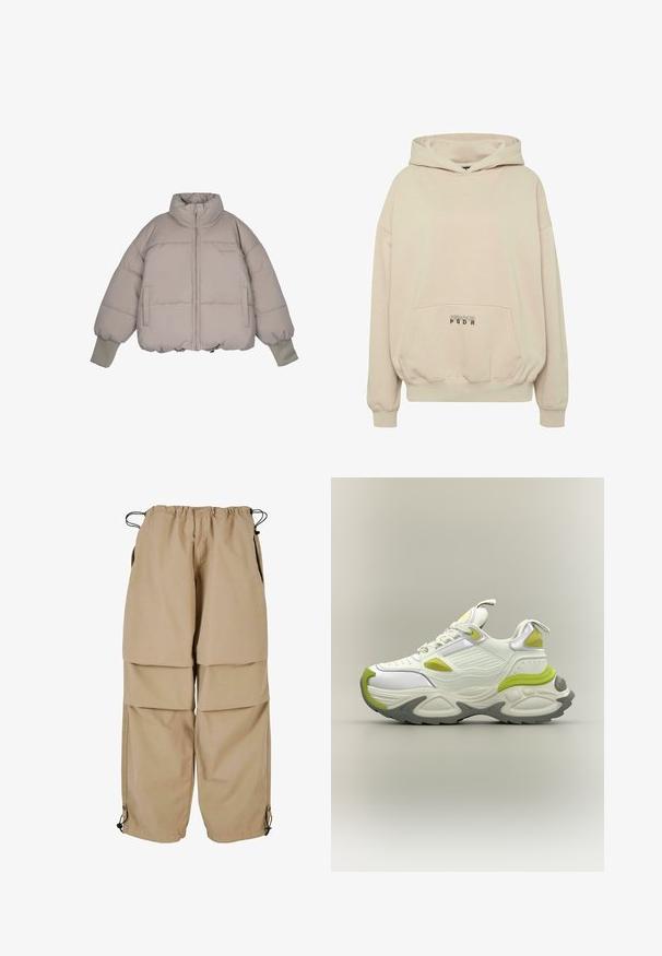 Pegador JARA OVERSIZED BOXY PUFFER JACKET - Winterjacke - beige; Beiger Hoodie mit Fronttasche, gerippten Bündchen und Kordelzugkapuze. "PECADOR PGDR" Schriftzug auf dem Taschenbereich.; Beige Cargo-Hosen mit elastischem Bund, geschichteter Optik und seitlichen Taschen. Verfügt über verstellbare Bündchen mit Toggle-Verschlüssen für eine anpassbare Passform.; Weiße und hellgrüne klobige Sneaker mit dicker Sohle, Schnürung vorne und Zuglaschen an Zunge und Ferse, auf neutralem Hintergrund präsentiert.