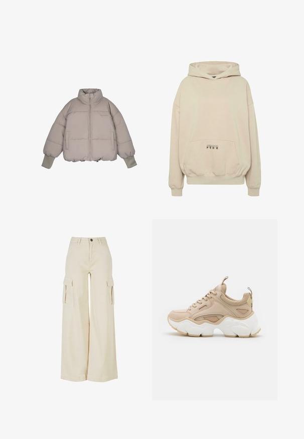 Pegador JARA OVERSIZED BOXY PUFFER JACKET - Chaqueta de invierno - beige; Sudadera con capucha beige con bolsillo frontal, puños acanalados y capucha con cordón. Texto "PECADOR PGDR" impreso en el área del bolsillo.; Pantalones cargo de pierna ancha color beige, fabricados en algodón, con dos grandes bolsillos laterales, cierre de botón en la parte delantera y un dobladillo limpio.; Zapatilla beige que presenta una mezcla de materiales lisos y texturizados, una suela blanca gruesa y acentos de malla para mayor transpirabilidad.