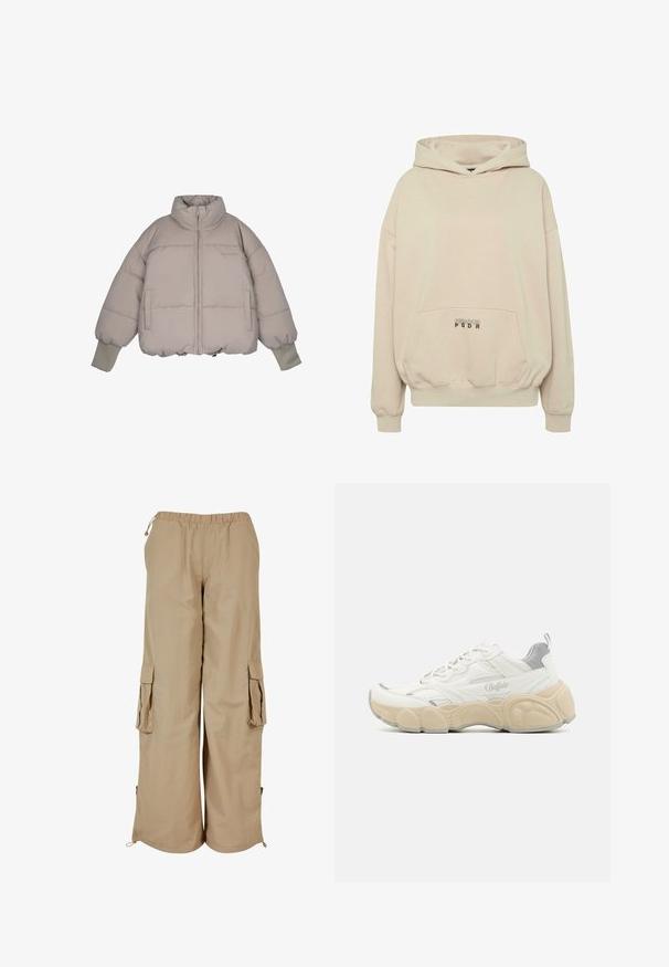 Pegador JARA OVERSIZED BOXY PUFFER JACKET - Vinterjakker - beige; Beige hættetrøje med en forlomme, ribbede manchetter og snøre i hætten. "PECADOR PGDR" tekst trykt på lommedelen.; Beige cargo bukser med elastisk talje, to sidelommer og mesh-detaljer; fremstillet af letvægts, tekstureret stof.; Hvide sneakers med mesh og glat læderoverdel, der har en polstret krave, tekstureret gummisål og diskrete metalliske accenter.