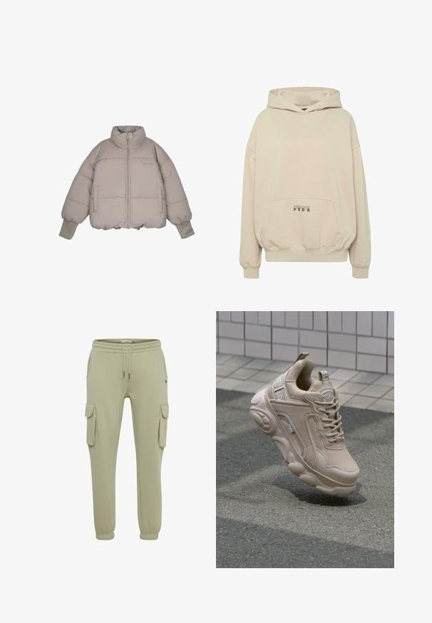 Pegador JARA OVERSIZED BOXY PUFFER JACKET - Winterjas - beige; Beige hoodie met een voorzak, geribbelde boorden en een capuchon met trekkoord. "PECADOR PGDR" tekst gedrukt op het zakgebied.; Lichtgroene cargobroeken van zacht stof, met zijzakken, elastische manchetten en een koordje in de taille voor een verstelbare pasvorm.; Beige sportieve schoen met een bovenwerk van mesh en synthetisch materiaal, gewatteerde kraag en een stevige zool met textuuraccenten. Merkzichtbaar aan de zijkant.