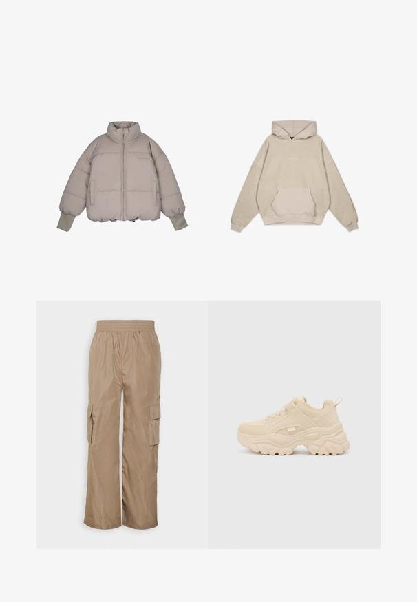 Pegador JARA OVERSIZED BOXY PUFFER JACKET - Chaqueta de invierno - beige; Sudadera con capucha beige de corte relajado, bolsillo tipo canguro, mangas con puños y una textura suave. Presenta un sutil logotipo en la parte frontal.; Even&Odd by Zalando Pantalones cargo - beige; Buffalo GALACTICA - Zapatillas - cream
