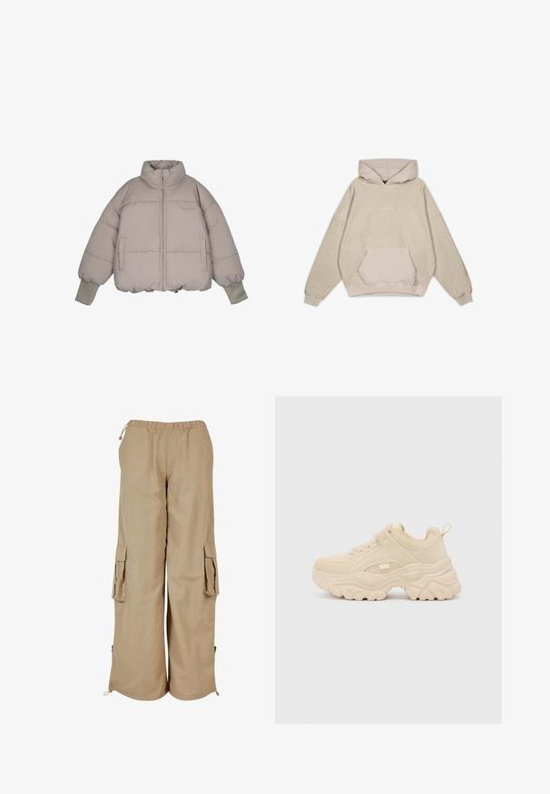 Pegador JARA OVERSIZED BOXY PUFFER JACKET - Vinterjakker - beige; Beige hætte sweatshirt med en afslappet pasform, kængurulomme, manchetter og en glat tekstur. Har diskrete logo-detaljer på forsiden.; Beige cargo bukser med elastisk talje, to sidelommer og mesh-detaljer; fremstillet af letvægts, tekstureret stof.; Buffalo GALACTICA - Sneakers - cream