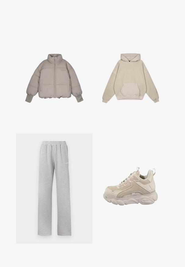 Pegador JARA OVERSIZED BOXY PUFFER JACKET - Chaqueta de invierno - beige; Sudadera con capucha beige de corte relajado, bolsillo tipo canguro, mangas con puños y una textura suave. Presenta un sutil logotipo en la parte frontal.; Pantalones de chándal gris claro con cinturilla elástica, diseño de pierna recta y un pequeño logo blanco en el muslo izquierdo. Tejido suave y texturizado.; Zapatilla beige con una mezcla de cuero liso y paneles texturizados, que cuenta con una suela acolchada, cordones y un detalle de marca en el costado.
