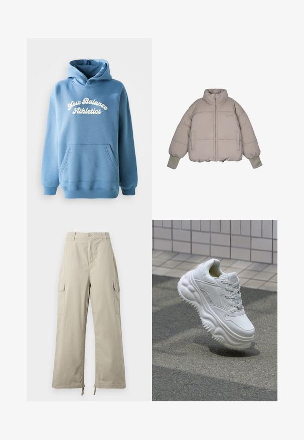 Pegador JARA OVERSIZED BOXY PUFFER JACKET - Veste d'hiver - beige; Sweat à capuche bleu en tissu coton mélangé, doté d'une poche kangourou et d'un logo blanc "New Balance Athletics" sur le devant.; Pantalons cargo beige clair avec une coupe décontractée, dotés d'une fermeture à bouton, de poches latérales et d'un ourlet ajustable avec des liens. Texture de tissu lisse.; Baskets blanches en cuir avec une semelle épaisse, des détails texturés et un système de laçage. Présente des accents moulés et une finition lisse.