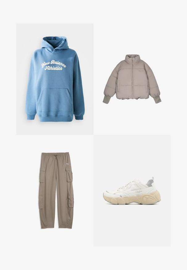Pegador JARA OVERSIZED BOXY PUFFER JACKET - Winterjas - beige; Blauwe hoodie van een katoenmix, met een kangoeroezak en een wit "New Balance Athletics" logo op de voorkant.; Lichtbruine, losse cargobroek met trekkoord in de taille en klepzakken op elke pijp, met een klein wit Puma-logo aan de rechterkant.; Witte sneaker met een bovenwerk van mesh en glad leer, met een gevoerde kraag, een gemêleerde rubberen zool en subtiele metallic accenten.
