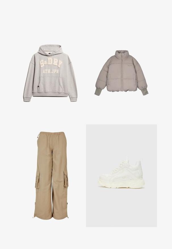 Pegador JARA OVERSIZED BOXY PUFFER JACKET - Veste d'hiver - beige; Superdry & Co ATHLETIC ESSENTIALS - Sweat à capuche - grey marl; Pantalons cargo beiges avec une taille élastique, deux poches latérales et des accents en maille ; fabriqués en tissu léger et texturé.; Sneaker blanc en matériau synthétique texturé, à semelle épaisse et design à lacets. Présente un logo subtil sur le côté et une pointe arrondie.