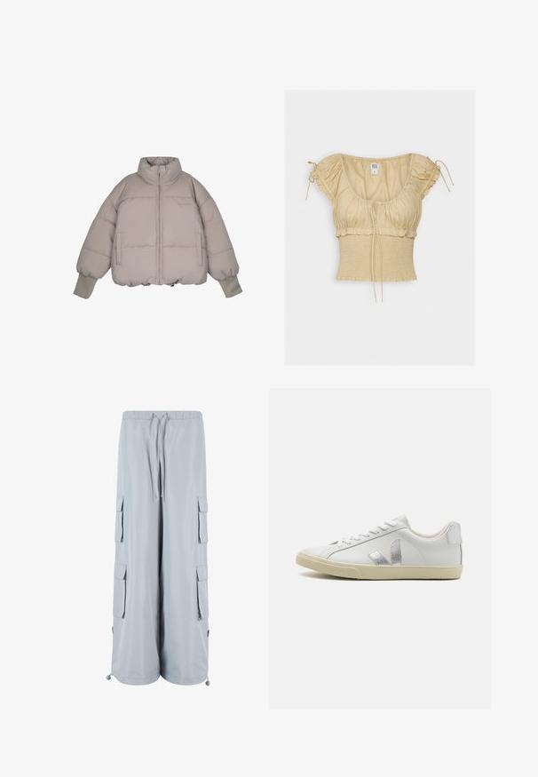 Pegador JARA OVERSIZED BOXY PUFFER JACKET - Chaqueta de invierno - beige; BDG Urban Outfitters NOVA ROUCHED CROP - Camiseta estampada - sand; Pantalones cargo de color gris claro con cinturilla elástica, cierre con cordón, bolsillos laterales y dobladillos ajustables. Fabricados con una tela suave y ligera.; Zapatillas blancas Veja con un logo plateado texturizado, cordones planos y una suela de goma beige, con un upper de cuero suave y un diseño de perfil bajo.