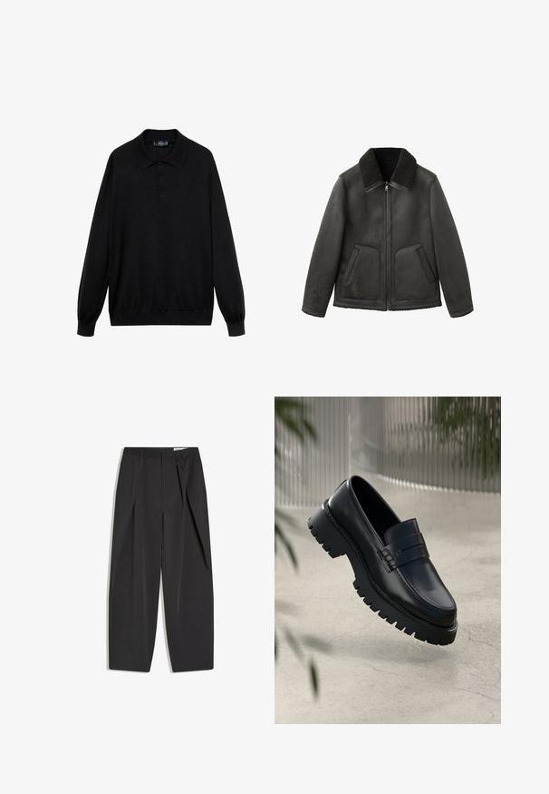 Grå shearling jakke med lynlås-lukning, krave, to forlommer og blød tekstur. Designet har en enkel og praktisk stil.; Sort langærmet polo-skjorte lavet af blødt stof, med klassisk krave, tre knapper og ribbede manchetter og kant.; Sorte sorte bukser med høj talje, skræddersyede med læg, bæltestropper og lige ben, vist fladt på en hvid baggrund.; Sorte læder loafers med en chunky sål, der har en dekorativ rem og syninger. Glat tekstur med en poleret overflade.