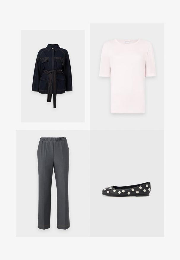 Veste en denim foncé avec coutures orange, poches à rabat à l'avant, manches longues, col et ceinture assortie à nouer à la taille.; T-shirt rose clair à manches courtes en matériau doux, avec un col rond et un design simple et droit. Style minimaliste.; Pantalon droit gris foncé avec taille élastique et plis avant, présenté sur un fond blanc.; Ballerine plate en cuir noir avec des clous ronds en argent disposés le long du côté et un accent décoratif sur l\'orteil. Talon plat, design à bout arrondi.