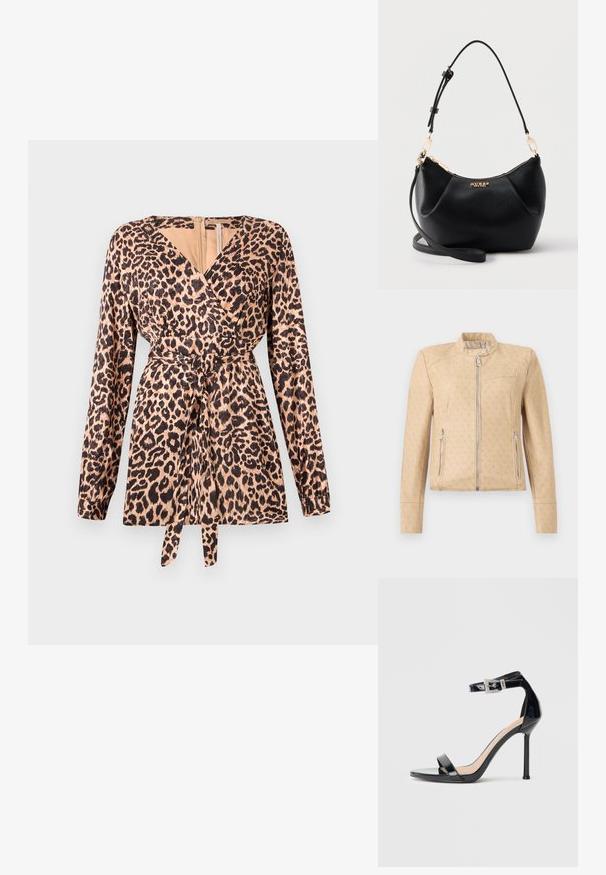 Beige jakke med lynlås og diskret monogrammønster overalt, ståkrave med trykknap og lynlåslukning på sidelommer.; Leopardmønstret omslagstop med lange ærmer, der har en bindebånd i taljen, blød stoftekstur og dyb V-udskæring. Beige og sort farveskema.; Sort højhælet sandal i laklæder med ankelrem. Har minimalistisk design, åben tå og spænde med rhinsten-detaljer.; Sort tekstureret læder skuldertaske med guldfarvet lynlås, justerbar rem og guld "GUESS" logo foran i midten.